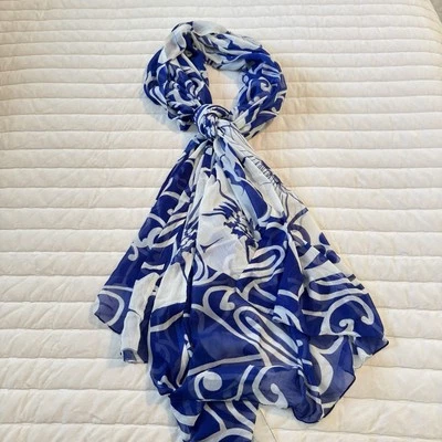 Bijoux Terner Nuevo con Etiquetas Para Mujer Diseñador Bufanda Envoltura Azul Blanco Estampado Floral Ropa de Playa Foto 1 de 4
