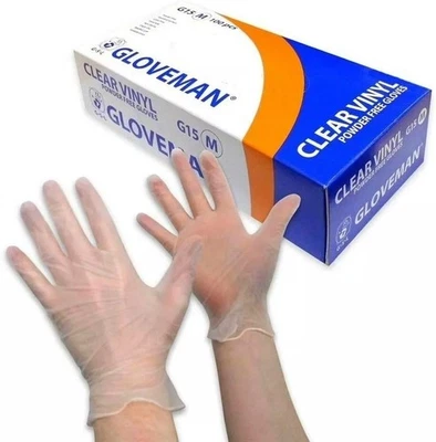 GLOVEMAN Disposable CLEAR VINYL POWDER & LATEX FREE Gloves Small-XL 100 200 1000 - Image 1 of 2