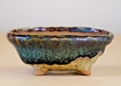 Japanese Bonsai Pot AKINAO 2.9"(7.3cm) Green Glazed Oval Y873 - Image 1 of 4