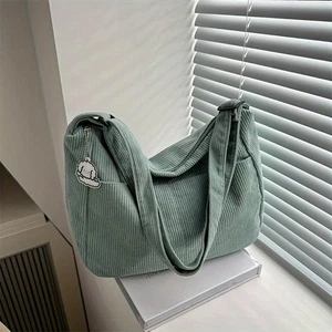 Women’s Corduroy Shoulder Bag Casual Striped Tote with Zipper Large Capacity - Picture 1 of 28