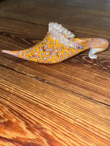 VTG Murano Millefiori Italy Frosted Satin Art Glass Yellow Ruffled Slipper Shoe - Picture 1 of 12