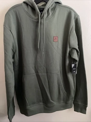 New RVCA Long Sleeve Hoodie Sweatshirt Mens Leather Logo Patch Size M Army Green - Image 1 of 4