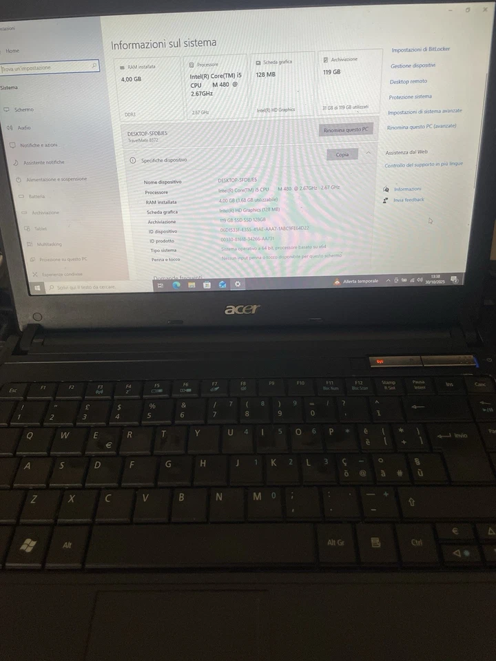 Acer TravelMate TM8372 i5 SSD 128gb ram 4gb Window 10 Pro Alimentatore Originale - Immagine 1 di 4