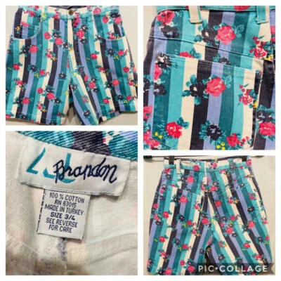 Vtg 80s BRANDON Denim High Waisted Jean Shorts Navy Green Stripes FLOWERS XS S - Image 1 of 4