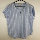 Van Heusen Blouse Womens Large Blue White Striped Short Sleeve 1/2 Button Shirt