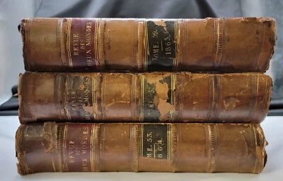 Antique 1884 French Book Set 3 Volumes Leather Revue Des Deux Mondes Home Decor - Image 1 of 4