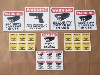 NEW Armed Property Owner WARNING Smile CCTV Camera SECURITY STICKERS Decal LOT - Image 1 of 4