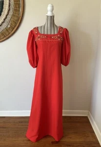 Vintage 70s Red Embroidered Maxi Dress Hippie Woman's M - Picture 1 of 10