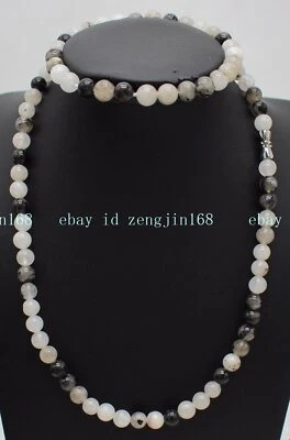 Juego de collar de cuentas de piedras preciosas rutiladas de cuarzo negro de 6/8/10 mm pulsera de 18"" de 7,5"" Foto 1 de 4