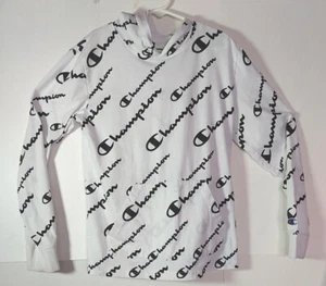 Champion Pullover Hoodie Unisex size Youth M White All Over Logo Print Black - Picture 1 of 6