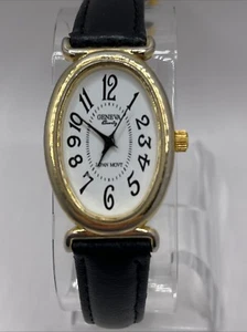 Geneva Women's Quartz Watch Gold Oval 25mm Case Black Leather Band- New Battery - Picture 1 of 7
