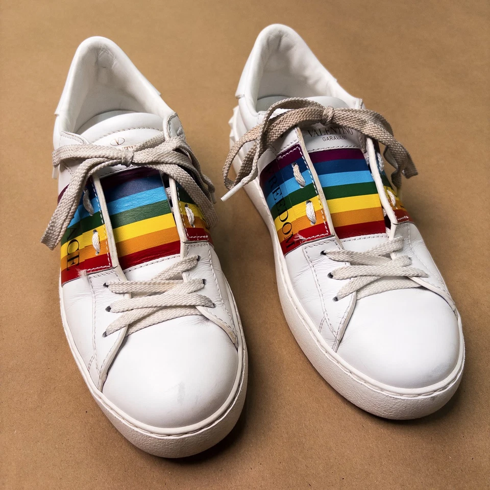 Valentino Garavani Rainbow Men's Size 37.5 7 Rockstud Sneakers Peace Love White - Image 1 of 4