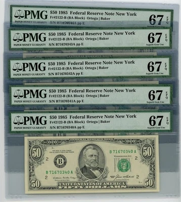 FR. 2122-B $50 1985 Federal Reserve Note 5 Consecutive 67 EPQ PMG DC-2610 - Image 1 of 3