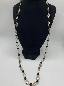 VTG Trifari Tm Black Bead & Clear Bezel Gold Tone Necklace 34” - Picture 1 of 9