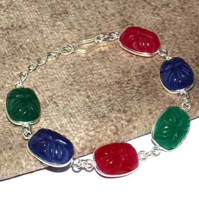 Pulsera Tallada Rosa y Azul Hoja de Calcedonia Verde Ónix Piedras Preciosas 8" GW Foto 1 de 3