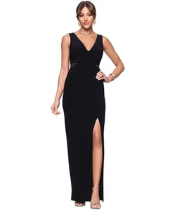 XSCAPE Women's V-Neck Mesh-Trim Sleeveless Gown Black Size 4 $139 - Picture 1 of 4