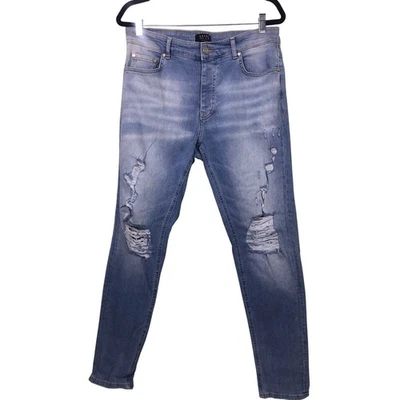 Boohoo Man Light Wash Distressed Button Fly Stretch Skinny Jeans Men's 34 - Image 1 of 4