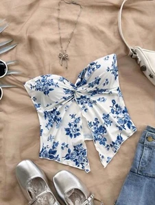 Women's Vacation Blue & White Floral Crop Tube Top With Front Slit - Picture 1 of 5
