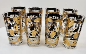 Fred Press Drinking Glasses Gold and Black Horses Set of 8 MCM Vintage READ - Picture 1 of 15