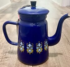 Vintage Teapot Enamelware Blue Pot With Light Blue Design Tall