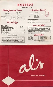 ORIGINAL Restaurant Menü AL'S 24 Stunden Los Angeles 1970 Frühstück Mittagessen Abendessen - Bild 1 von 2