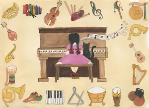 OrIgInAl FoLk ART WaTeRCoLoR PaInTiNg MuSiC InStRuMeNtS PiAno Cat Girl MuSicAl - Picture 1 of 8