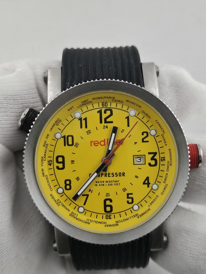 Reloj de cuarzo para hombre Redline Compressor hora mundial esfera amarilla batería nueva raro Foto 1 de 4