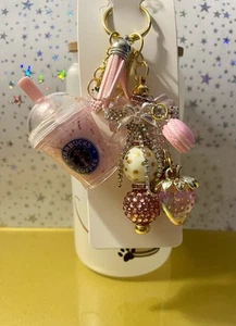 New Handmade Pink drink Keychain & bow beads with macaroons and fruit charms - Picture 1 of 5