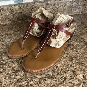American Eagle Beaded Red Leather Thong Flat Ankle Strap Sandals Women’s size 10 - Picture 1 of 10