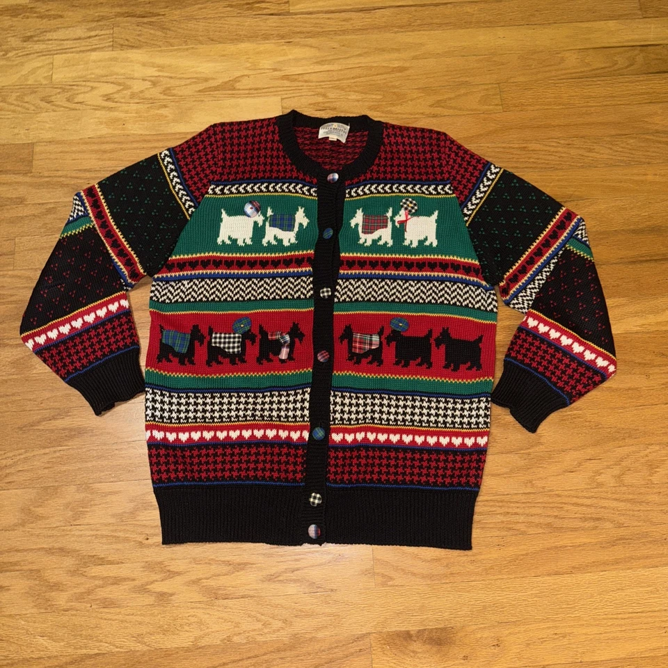 Vintage Susan Bristol Cardigan Sweater Scottie Dogs Sz L Plaid Grandma - Image 1 of 4