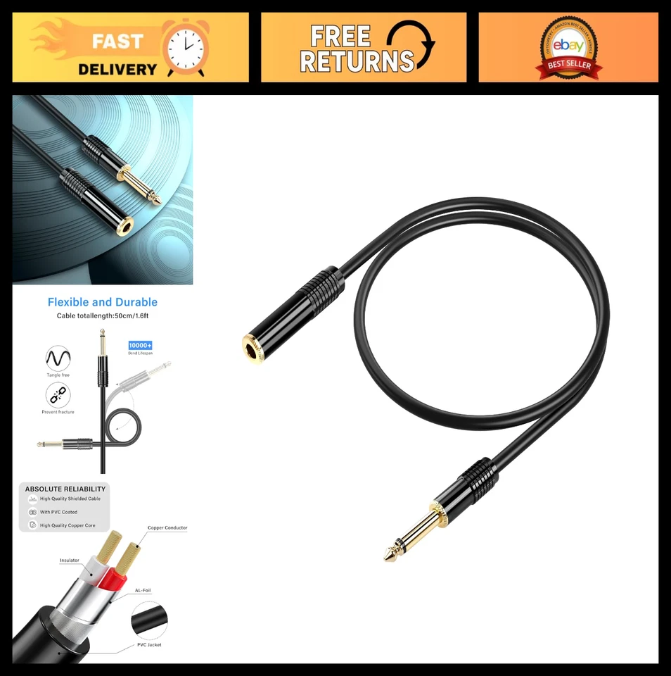 Cable de extensión mono TS 1.6 FT 1/4" - cable de guitarra macho a hembra chapado en oro Foto 1 de 4