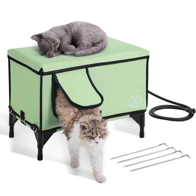 Elevated Heated Cat House Cuboid Kitty Shelter with Heated Pad Green (M) - Image 1 of 4