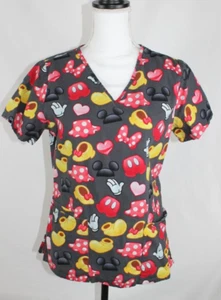 DISNEY Minnie Mouse Scrub Top Woman Size XS Cotton Dark Gray Hearts Pockets Ears - Picture 1 of 12