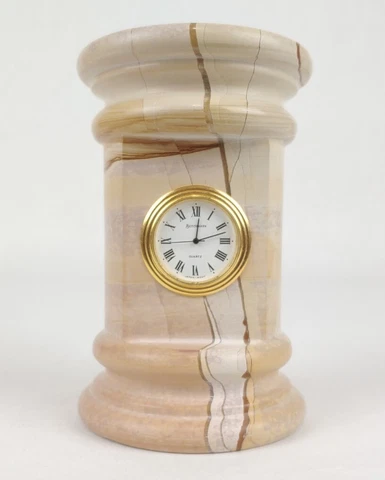 Benchmark Marble Pillar Clock 5.25" Desk Table Heavy New Battery Beige w Veining Cover