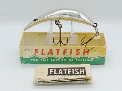 Señuelo almizcle vintage Helin Flatfish plateado T55 con caja lucio de pesca Muskie ¡5,5"! Foto 1 de 4