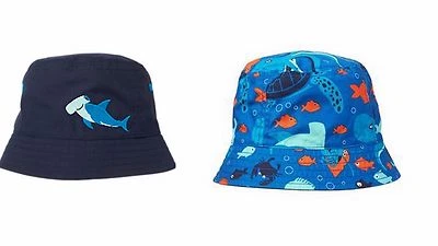全新带标签 Gymboree 双面海洋生物鲨鱼鱼海龟桶太阳帽男孩 2T 3T  — 第 1/3 张图片