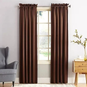 4 pc Poly Brown Satin Rod Pocket Drape 52"x84" Blackout Washable Curtain Panels - Picture 1 of 13