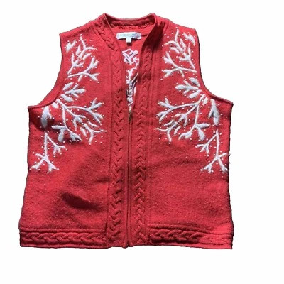 Coldwater Creek Wool Sweater Women MED Red Snow Branch Zip Embroidered Vest Ski - Image 1 of 4