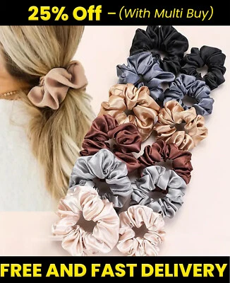 12 x Silk Hair Scrunchies for Women Girls Soft Elastic Bands Hair Bobbles - Image 1 of 4