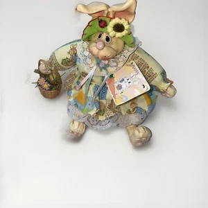 Vintage Easter Mama Rabbit Shelf Sitter Holding Basket Of Flowers & Veggies - Picture 1 of 6