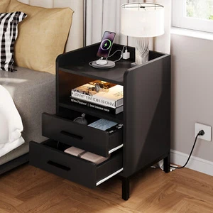 Phabules LED Nightstand Set of 2 with Charging Station Modern Bedside End Table - Picture 1 of 16