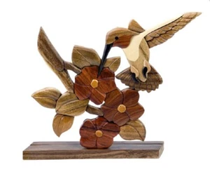 Hummingbird Bird Flower Intarsia Wood Table Top Home Decor Figurine Lodge New - Picture 1 of 1