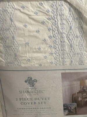 Simply Shabby Chic Twin Duvet Set Bohemian White Blue Embroidery 2 Piece - Image 1 of 4
