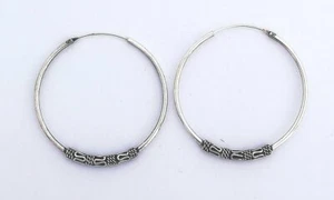 Balinese Pattern Silver Hoops - 177L7 - Picture 1 of 2