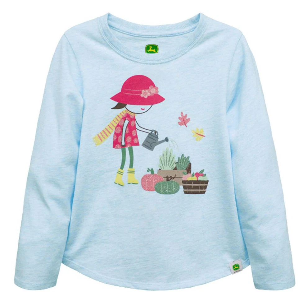 NEW John Deere Blue Girl Watering Garden Glitter T-Shirt Sizes  5 6 6X - Image 1 of 1