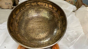 Large Flower of Life with Om mantra & living Creatures Carved Singing Bowl- - Picture 1 of 6