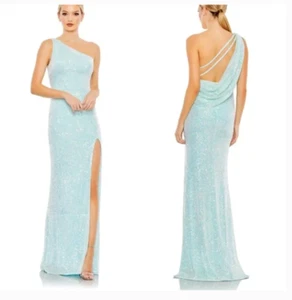 VESTIDO MAC DUGGAL 26990 LENTEJUELAS DRAPEADO TRASERO AZUL HIELO TALLA 8 - Imagen 1 de 6