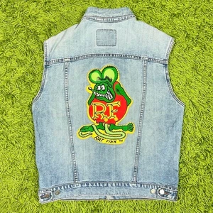 Vintage RAT FINK Levi’s Jeansweste Patches Hot Rod Batmobile Band M blau Punk - Bild 1 von 8