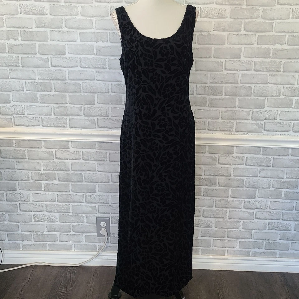Vintage Express Y2K 90s Black Velvet Floral Burnout Shift Dress Silk Whimsygoth - Image 1 of 4
