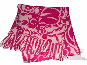 Lilly Pulitzer Pink And White Knit Cotton Nylon Cashmere Fringed Throw Blanket - Picture 1 of 5